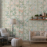 Console styling and muted tones work naturally with this floral mural backdrop, GD8677