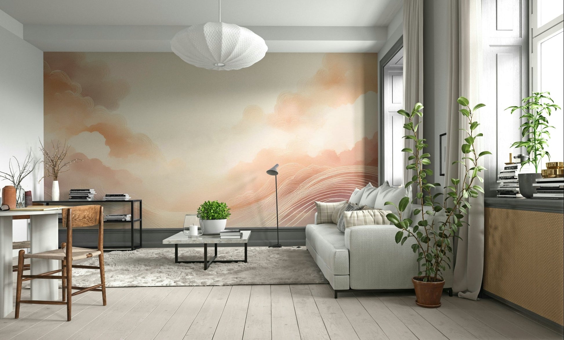 Soft pastel clouds create a dreamy mural effect.

