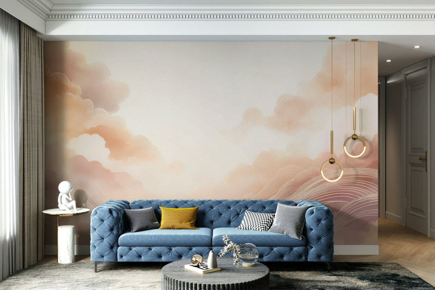 Tranquil pastel cloud mural for cozy, modern rooms.

