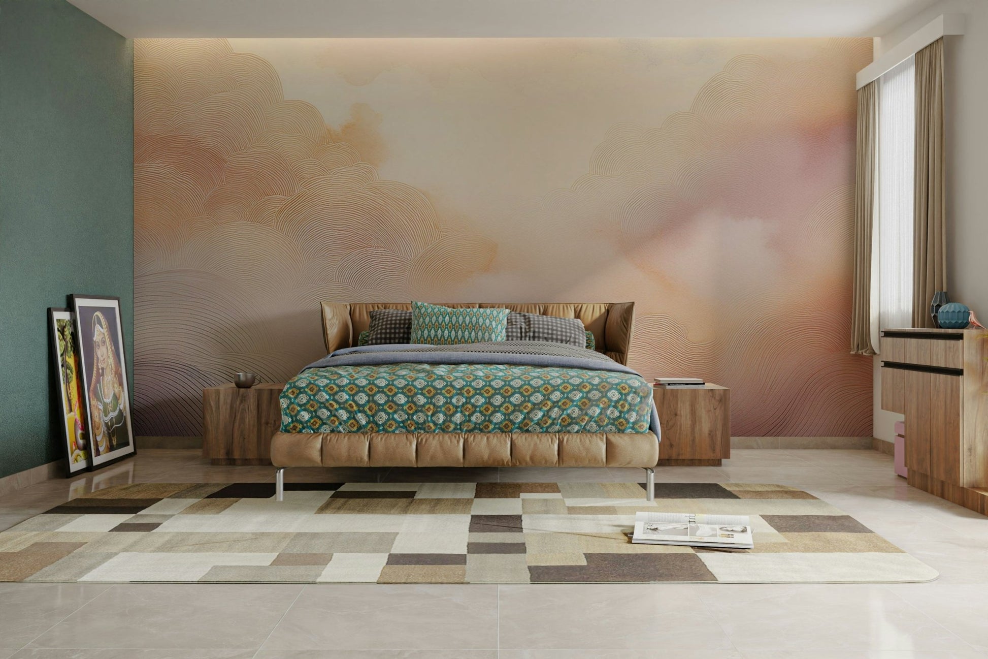 Whimsical pastel clouds mural for a tranquil atmosphere.

