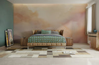 Whimsical pastel clouds mural for a tranquil atmosphere.

