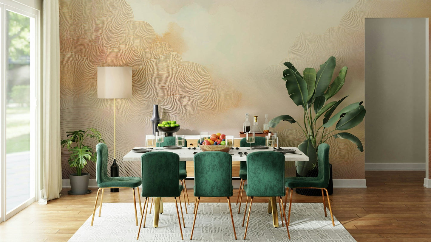 Light pastel clouds on a dreamy wall mural design.

