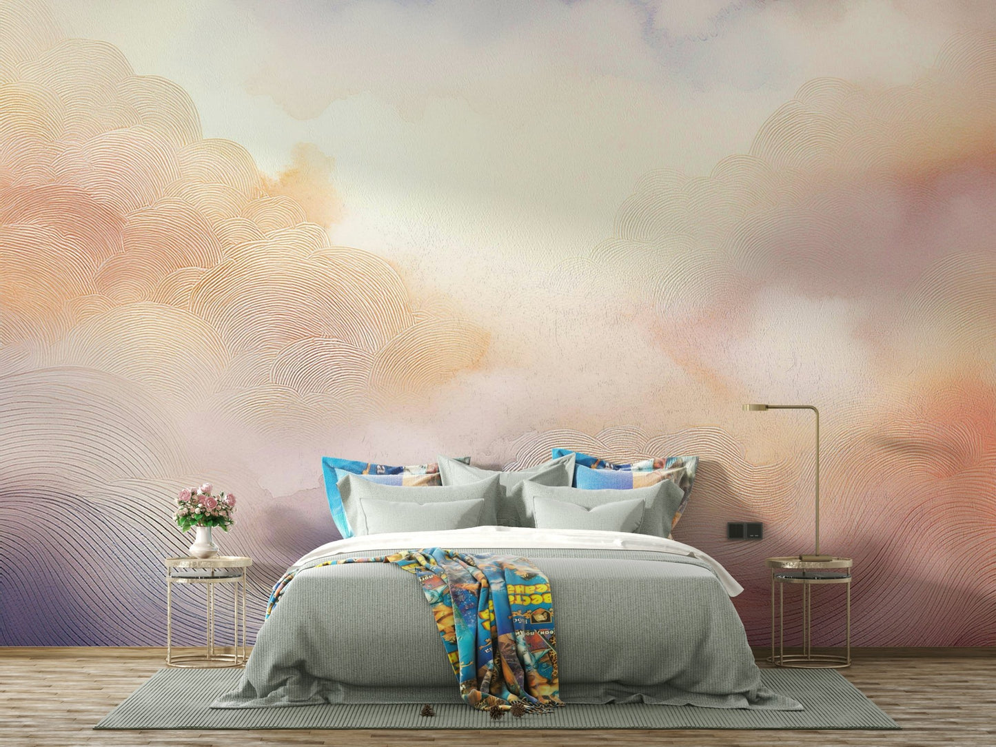 Dreamy pastel cloud mural with calming tones for walls.

