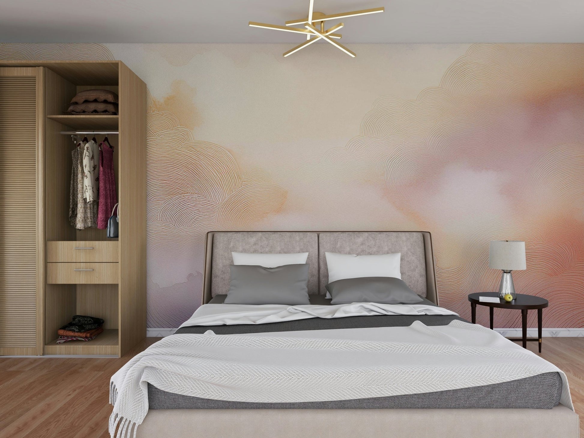 Gentle pastel cloud mural, perfect for a cozy room.

