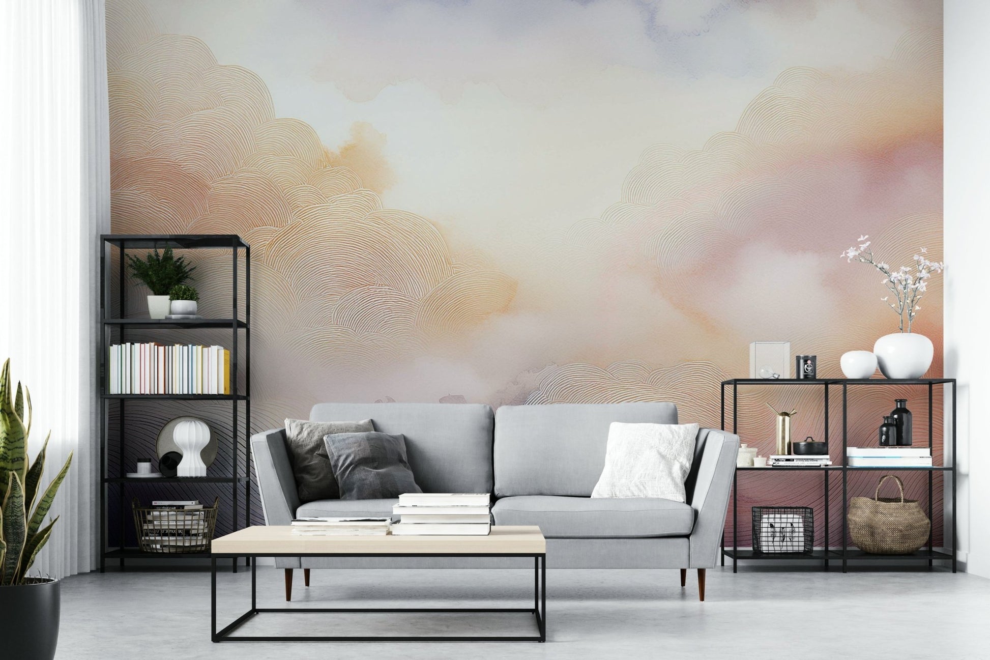 Soft pastel tones in a cloud-themed wall mural.

