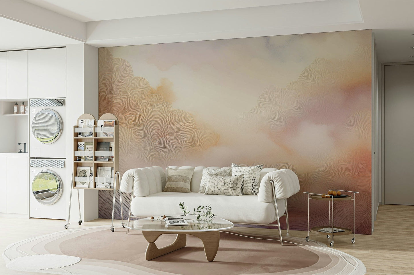Soft and soothing pastel sky mural for serene spaces.

