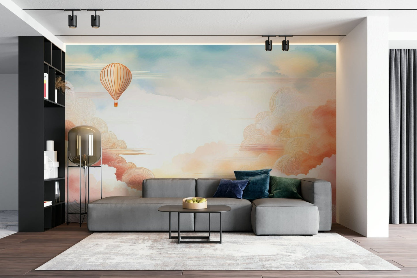 Pastel cloud mural creating a soothing room atmosphere.

