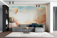 Pastel cloud mural creating a soothing room atmosphere.

