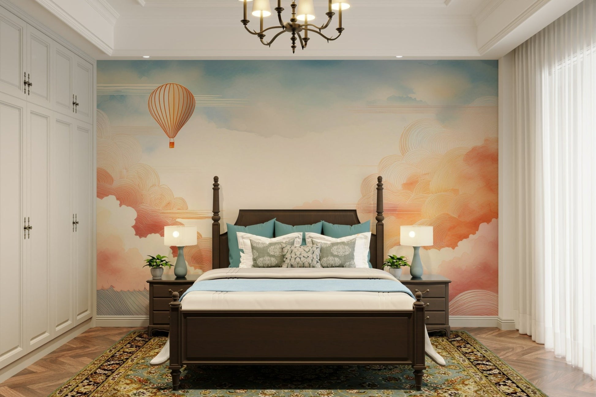 Gentle pastel cloud mural for a serene ambiance.

