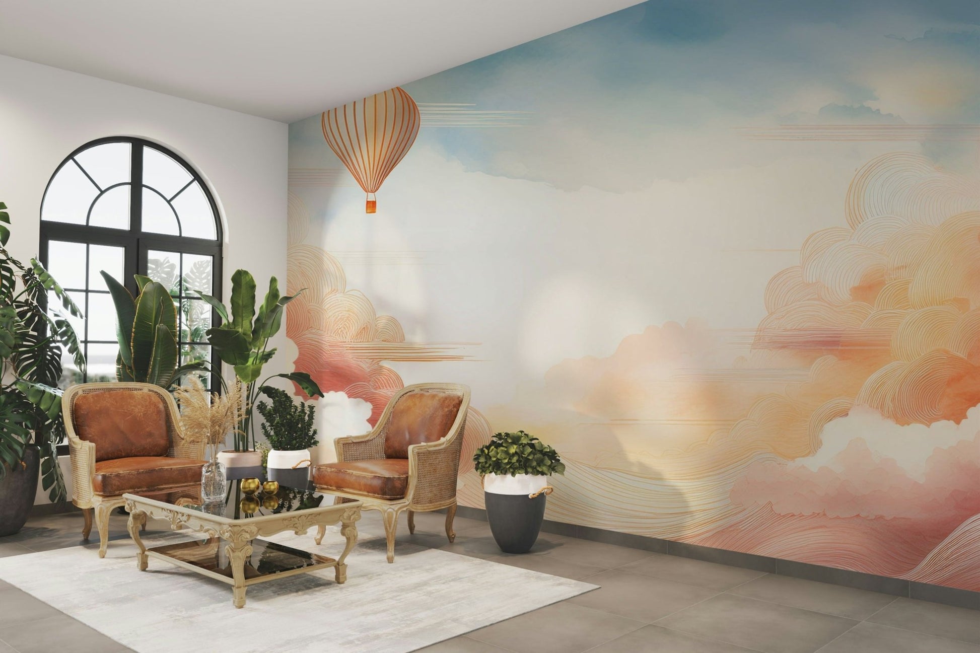 Soft pastel sky mural adding elegance to walls.

