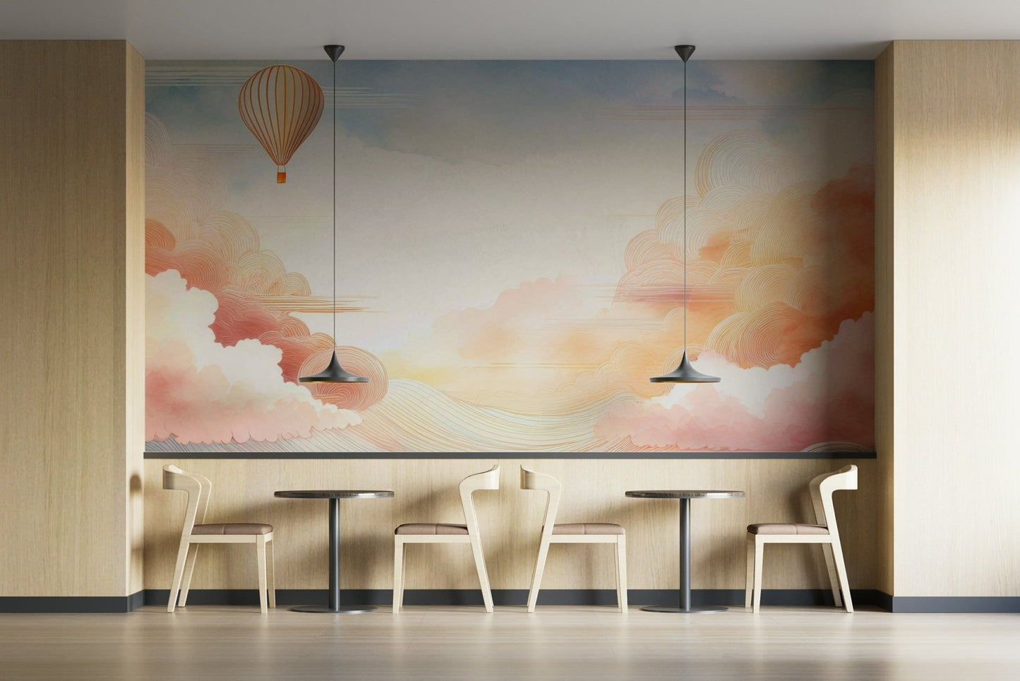 Dreamy pastel clouds wall mural for a calm room.

