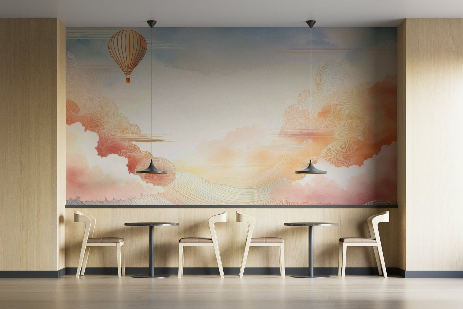 Dreamy pastel clouds wall mural for a calm room.

