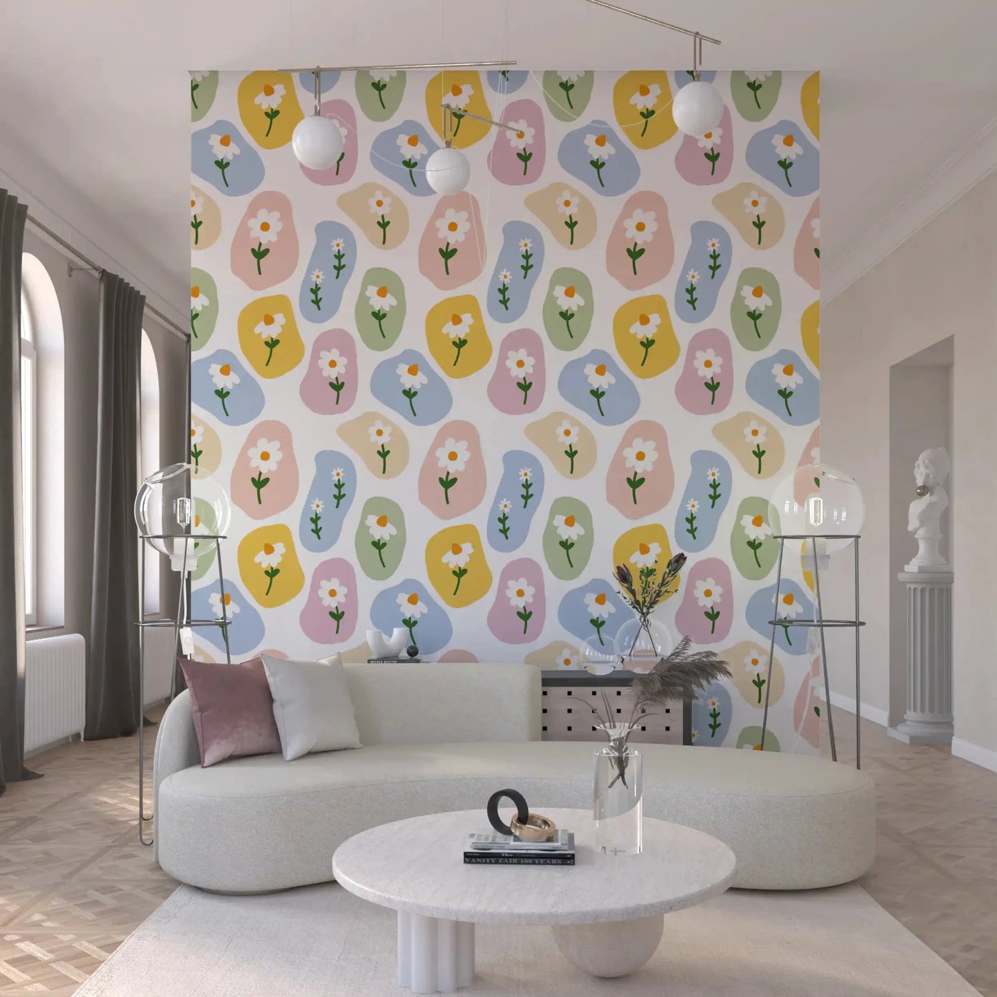 Hand-sketched floral motifs over organic shapes on this wallpaper ⁠GD9457