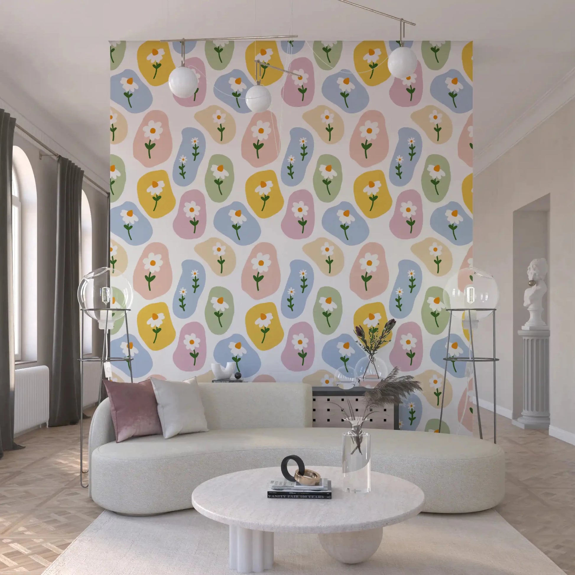 Hand-sketched floral motifs over organic shapes on this wallpaper ⁠GD9457