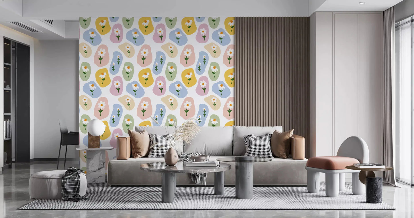 Constant repeat of Pastel Daisy Pebbles wallpaper in muted tones GD9457
