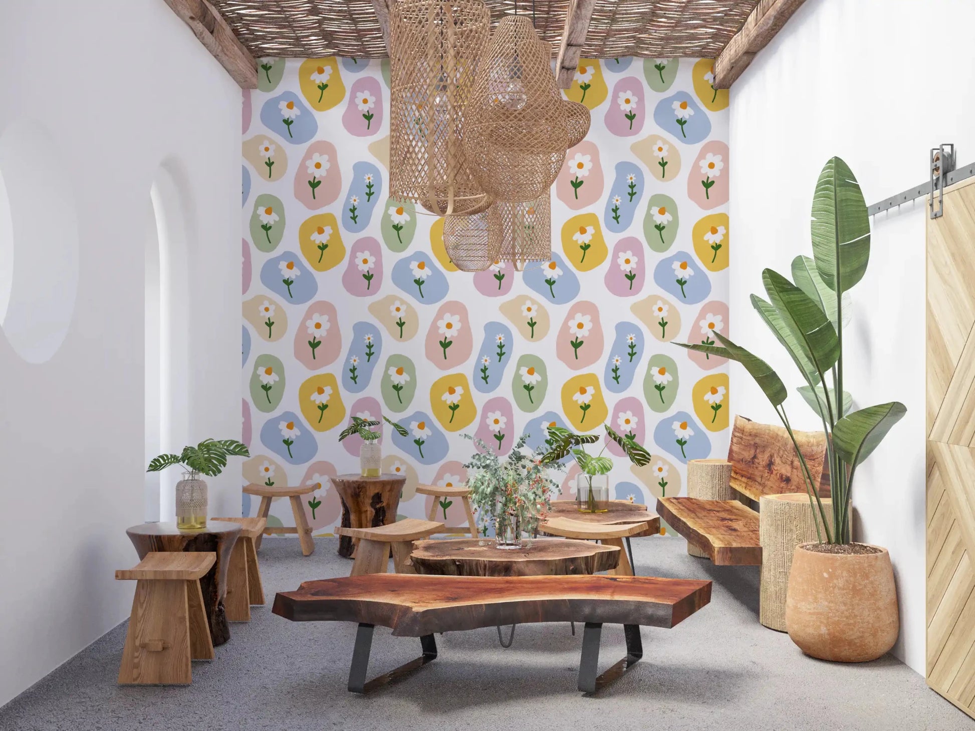 Vivid light fills the modern Dining room using Pastel Daisy Pebbles wallpaper⁠GD9457