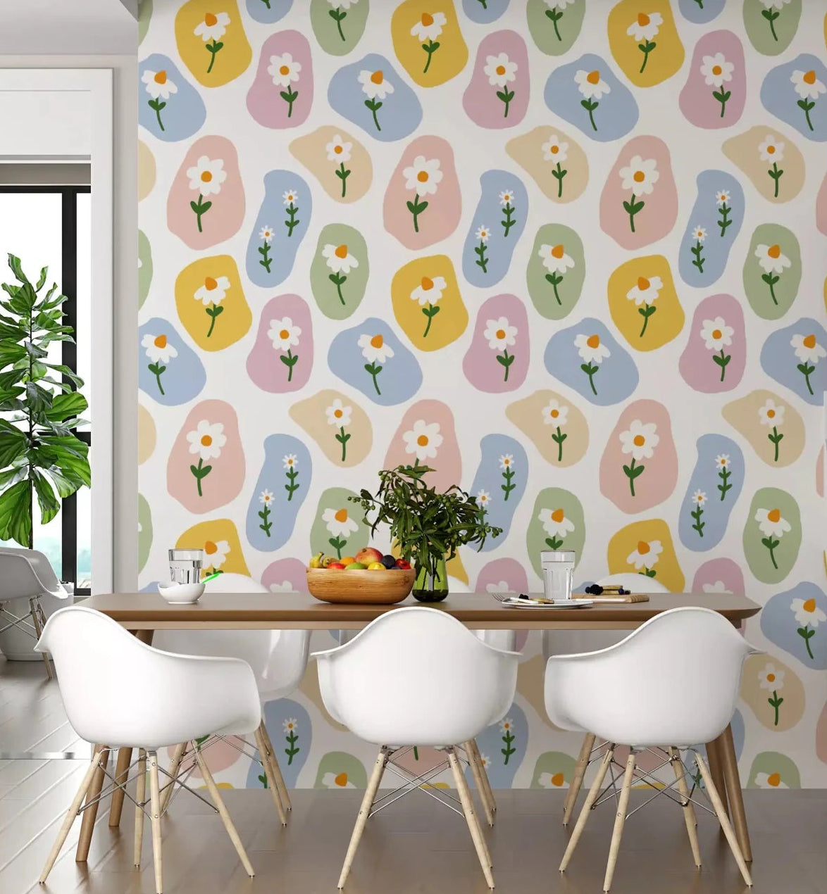 A soft floral mood fills this dining room with Daisy Pebbles wallpaperGD9457