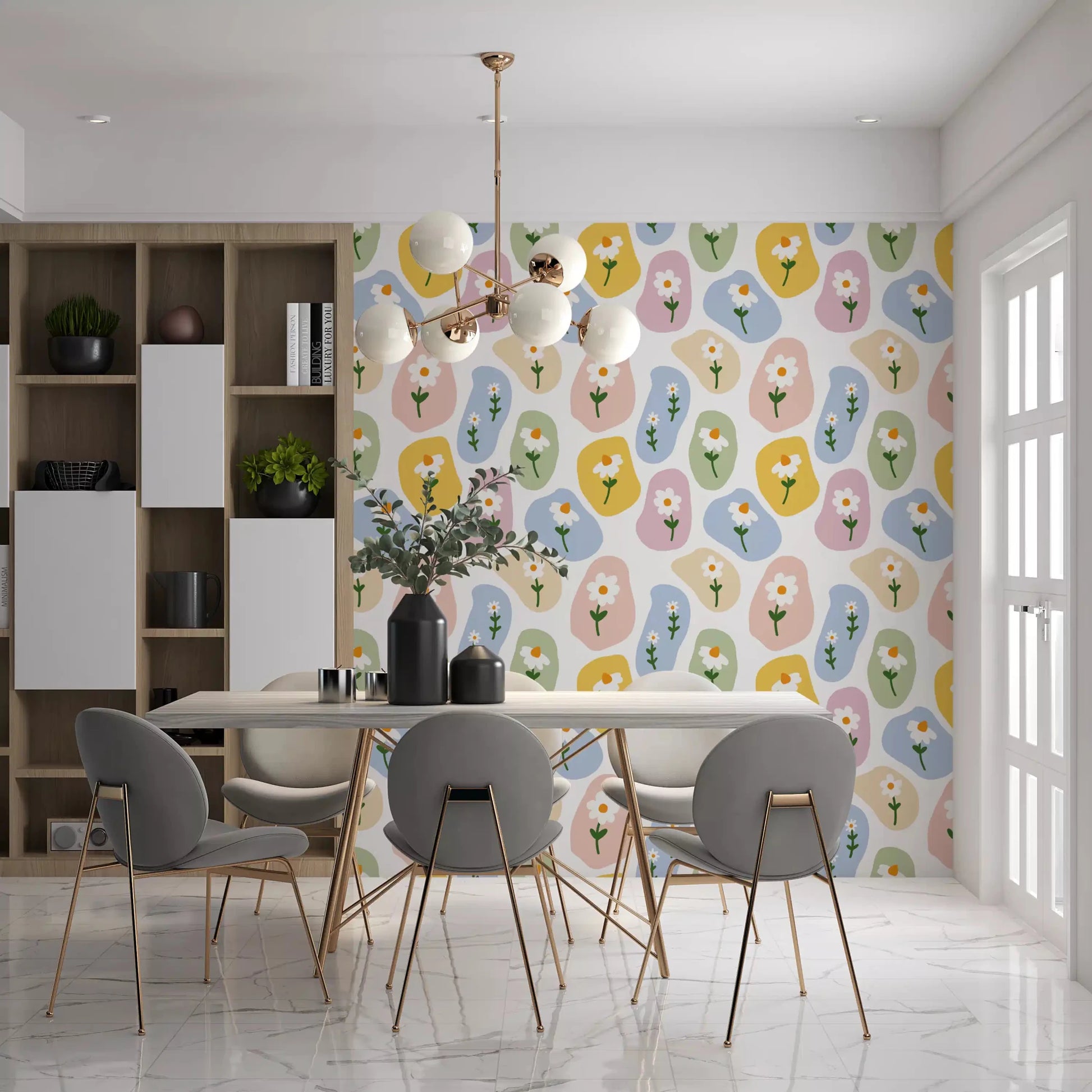Uninterrupted Pastel Daisy wallpaper with soft pink and green shapes  GD9457