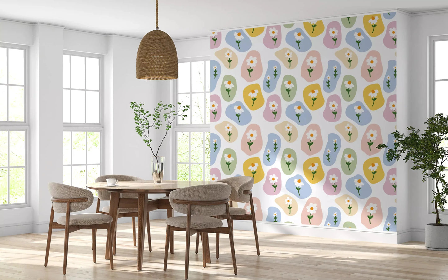 Serene tones define a calm lounge featuring this Pastel Daisy wallpaper GD9457
