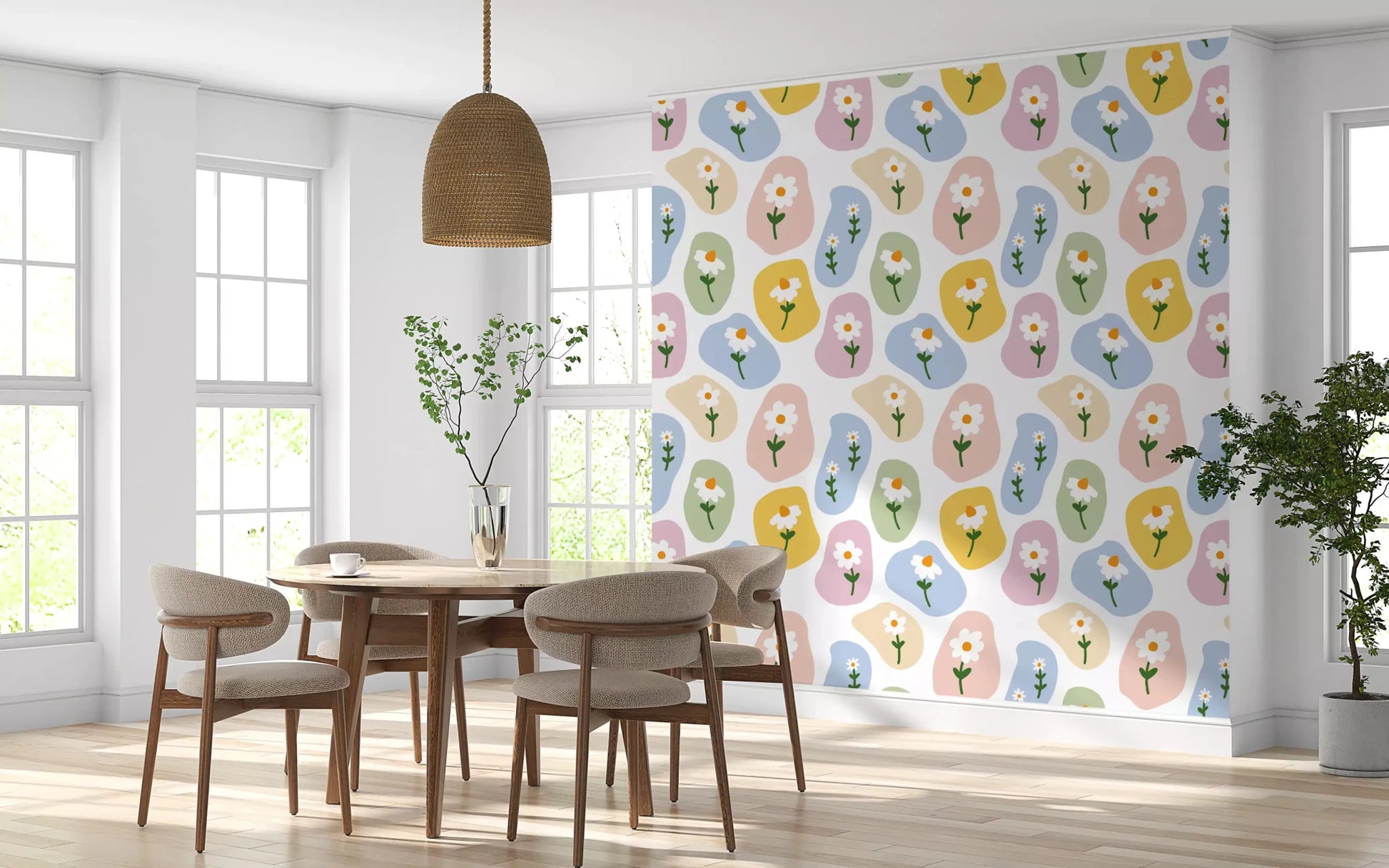 Serene tones define a calm lounge featuring this Pastel Daisy wallpaper GD9457