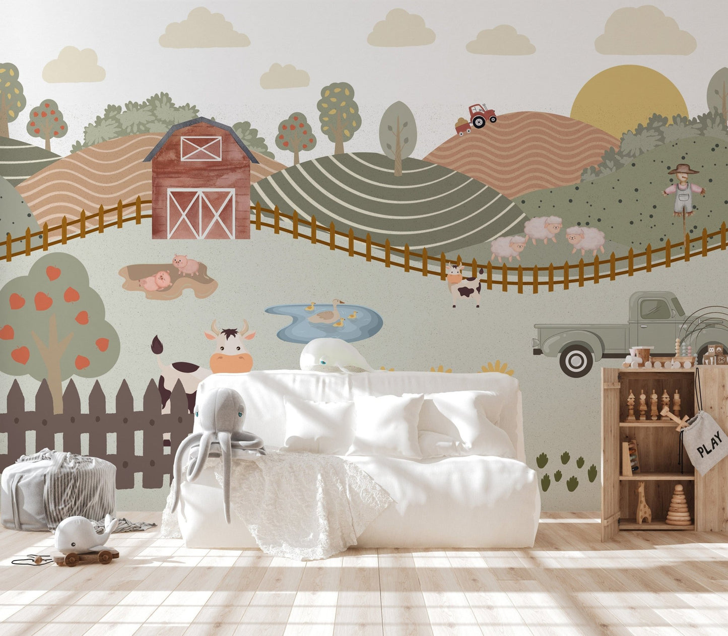 Pastel barnyard animals wall covering
