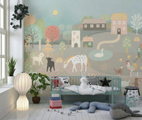 Playful kids room showing Pastel Farm Story Wall Mural with toys and rockets, GD8909