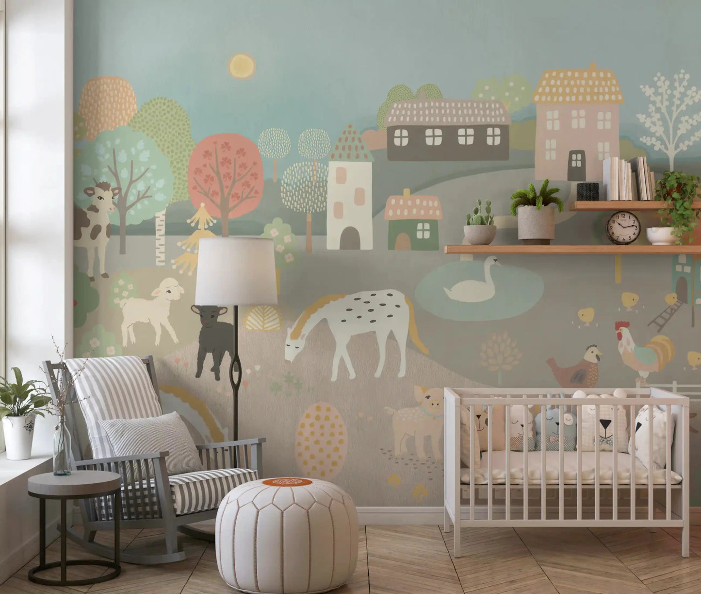 Pastel Farm Story Wall Mural brightens a playroom with rainbow rug and shelves, GD8909