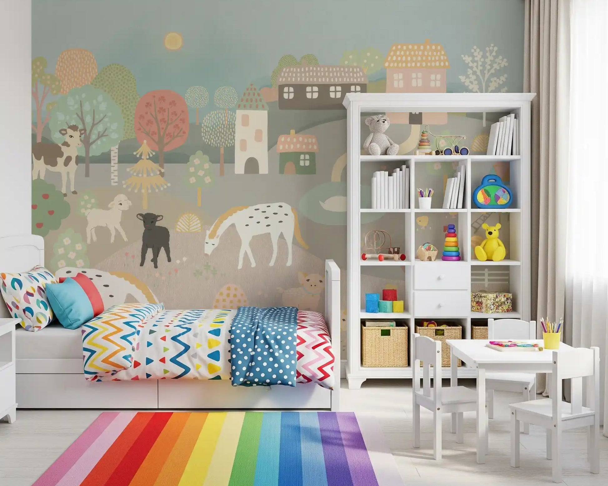 Pink bedroom styled with Pastel Farm Story Wall Mural and soft curtains, GD8909