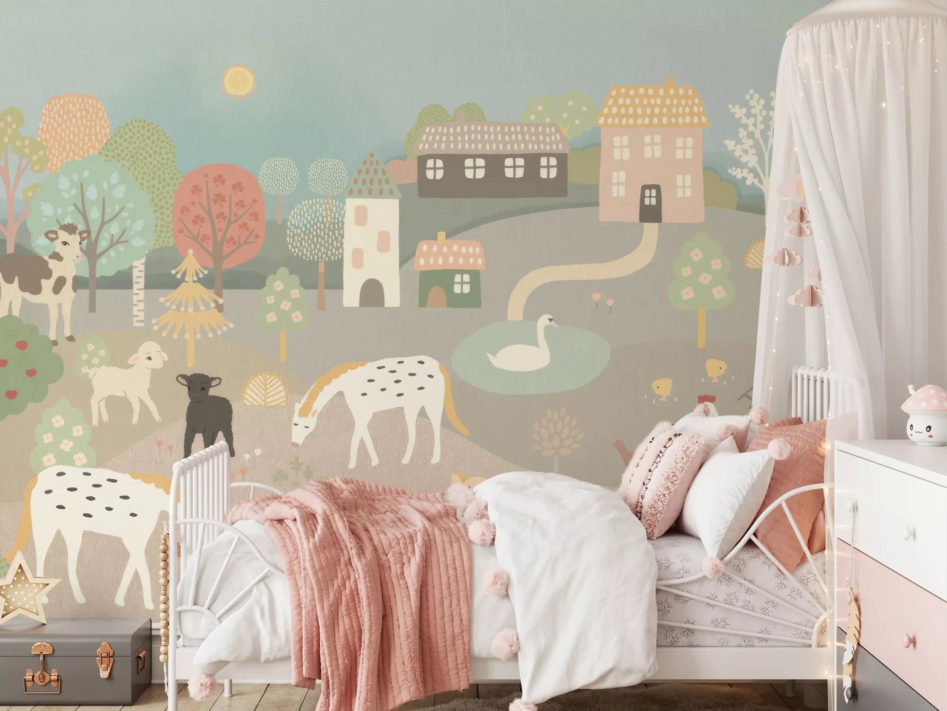 Pastel Farm Story Wall Mural behind a child's bed in a calm bedroom, GD8909