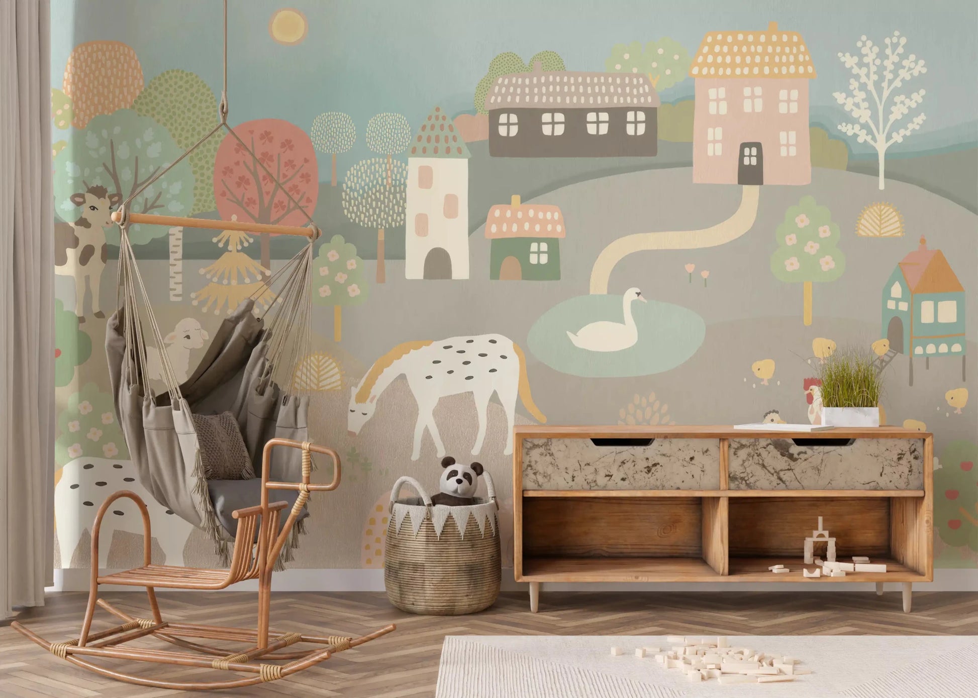 Cozy kids nook with Pastel Farm Story Wall Mural and a tan accent chair, GD8909