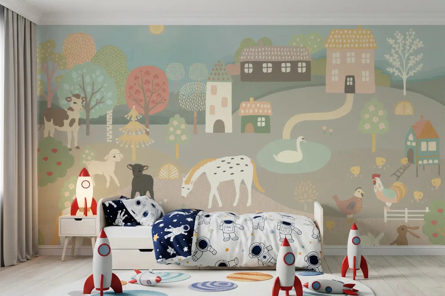 Pastel Farm Story Wall Mural in a nursery with stuffed animals and floor toys, GD8909