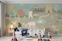 Pastel Farm Story Wall Mural in a nursery with stuffed animals and floor toys, GD8909