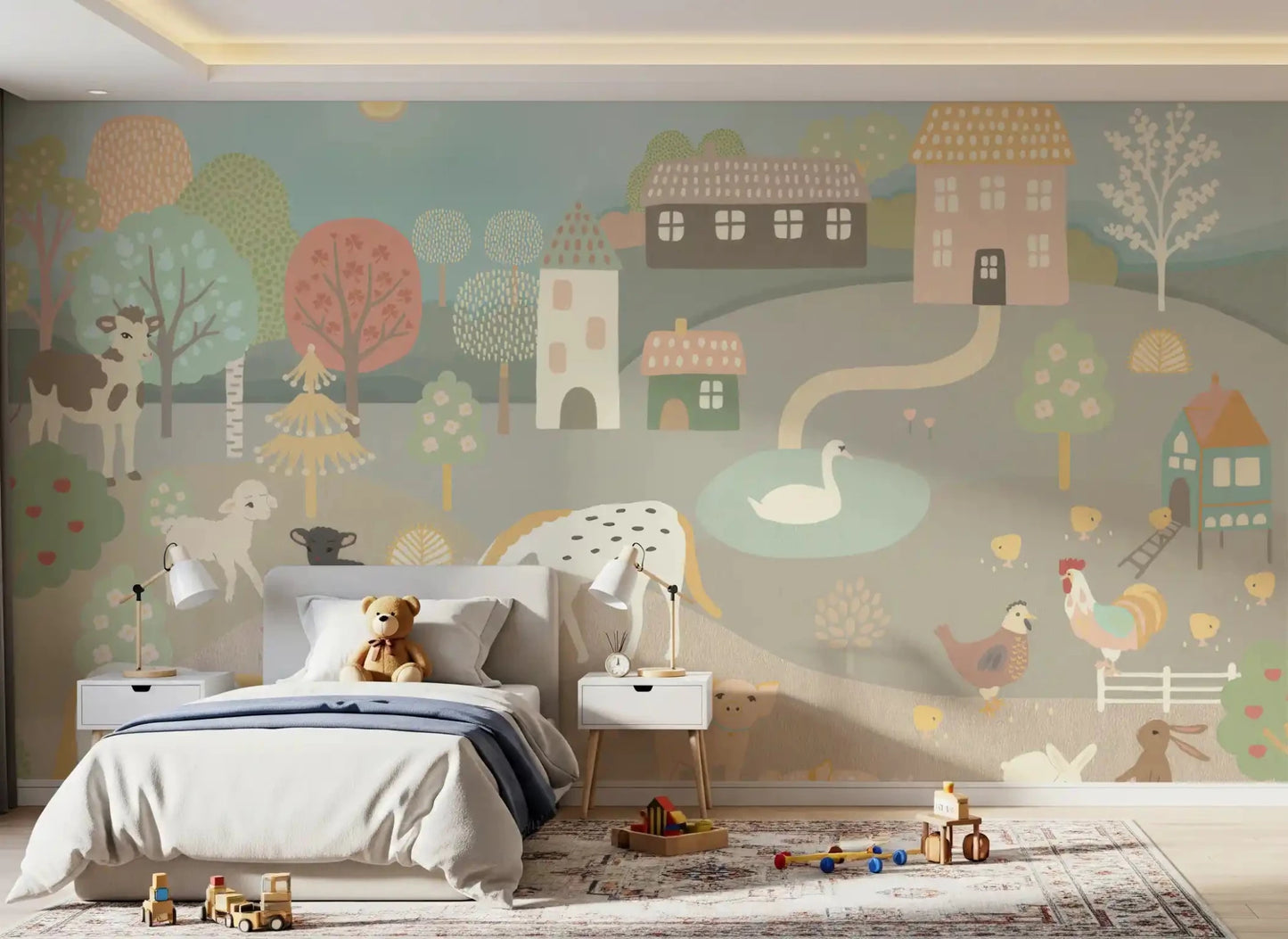 Pastel Farm Story Wall Mural beside a bed in a light-filled kids room, GD8909