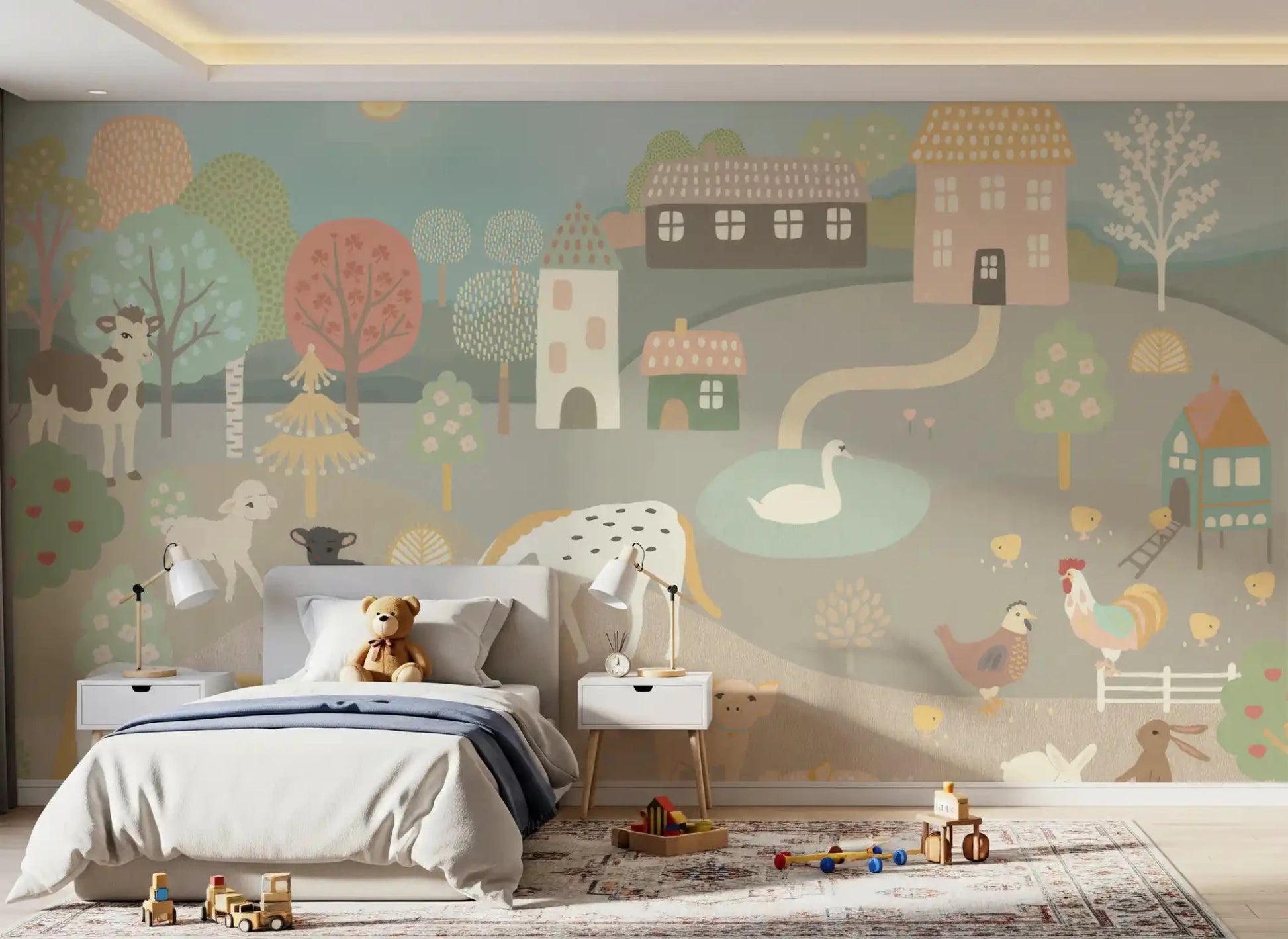 Pastel Farm Story Wall Mural beside a bed in a light-filled kids room, GD8909
