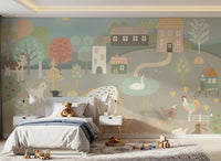 Pastel Farm Story Wall Mural beside a bed in a light-filled kids room, GD8909