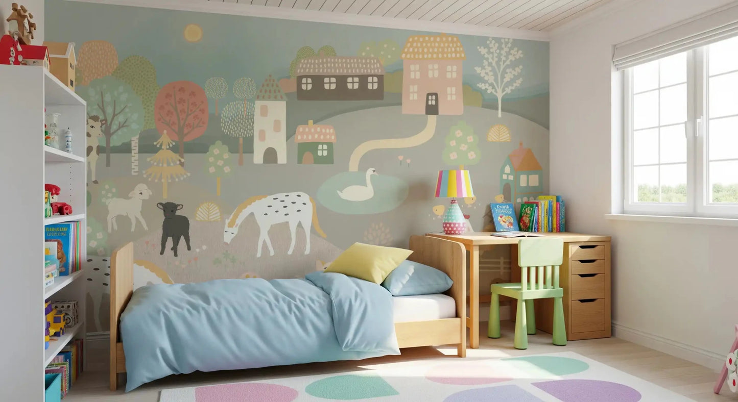 Sunny Kids bedroom scene with Pastel Farm Story Wall Mural and a pale daybed, GD8909