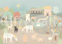 Whimsical Pastel Farm Story Wall Mural showing horses, lambs, pigs, and hens softly, GD8909