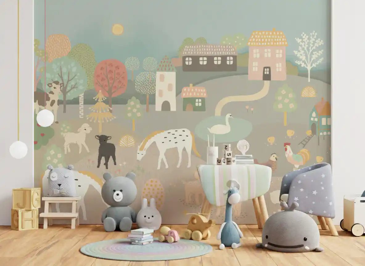 Soft playroom corner featuring Pastel Farm Story Wall Mural above a low bed, GD8909