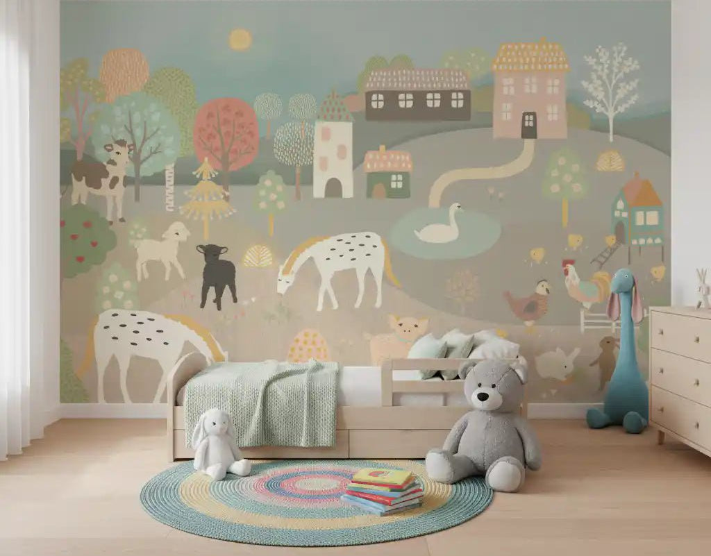 Pastel Farm Story Wall Mural in a nursery with plush toys and a round rug, GD8909