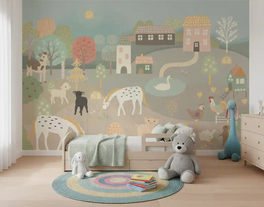 Pastel Farm Story Wall Mural in a nursery with plush toys and a round rug