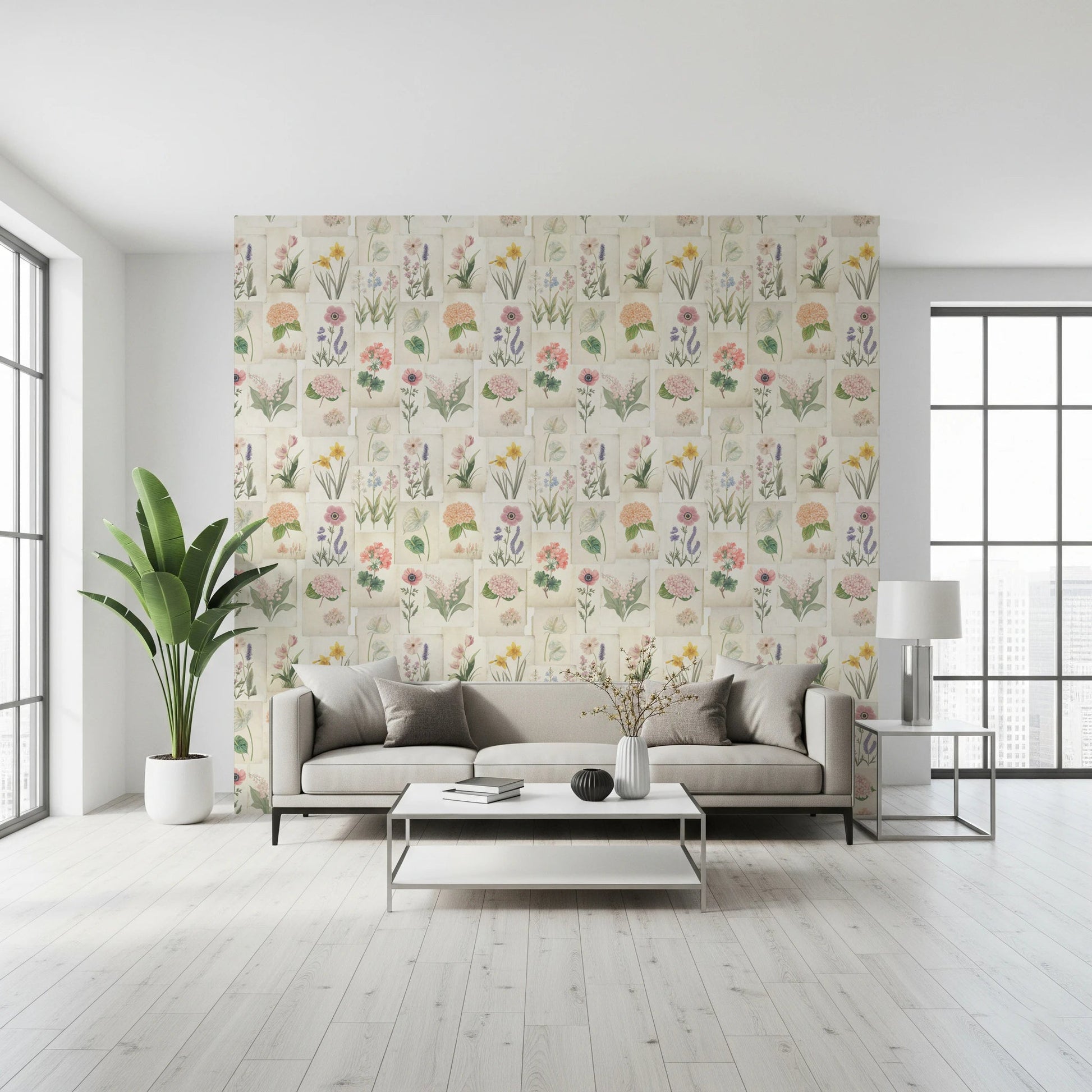 Floral collage wallpaper with vintage plant illustrations and a warm cream base, GD8696