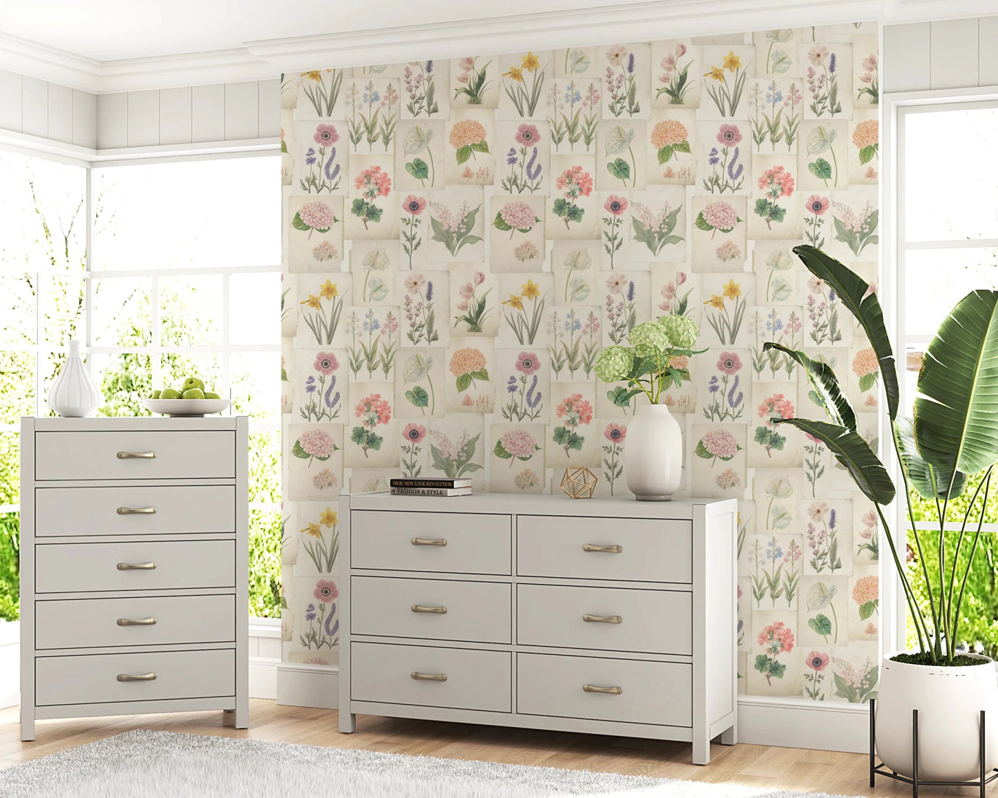 Soft pastel wallpaper with overlapping botanical cards and gentle floral artwork, GD8696