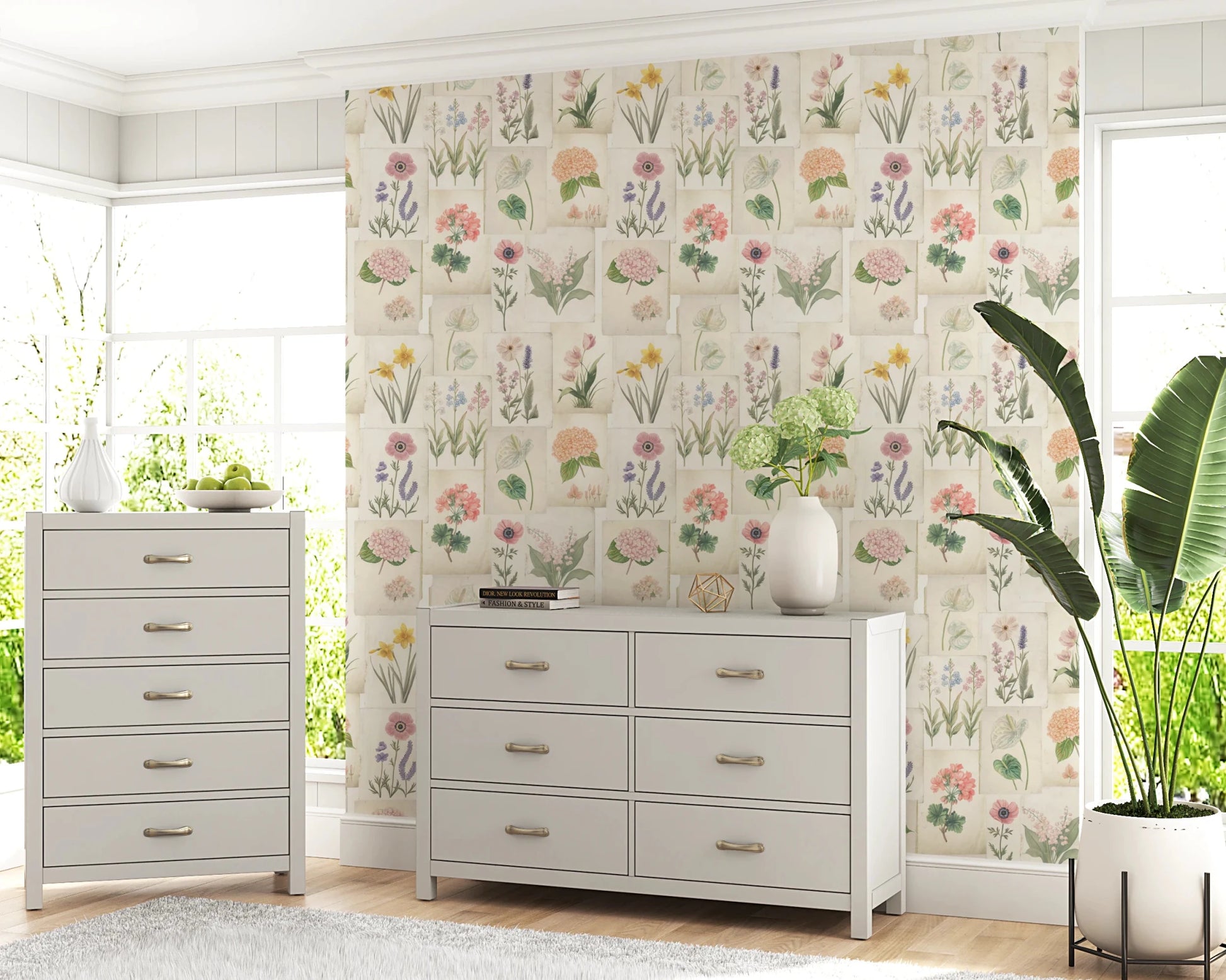 Soft pastel wallpaper with overlapping botanical cards and gentle floral artwork, GD8696