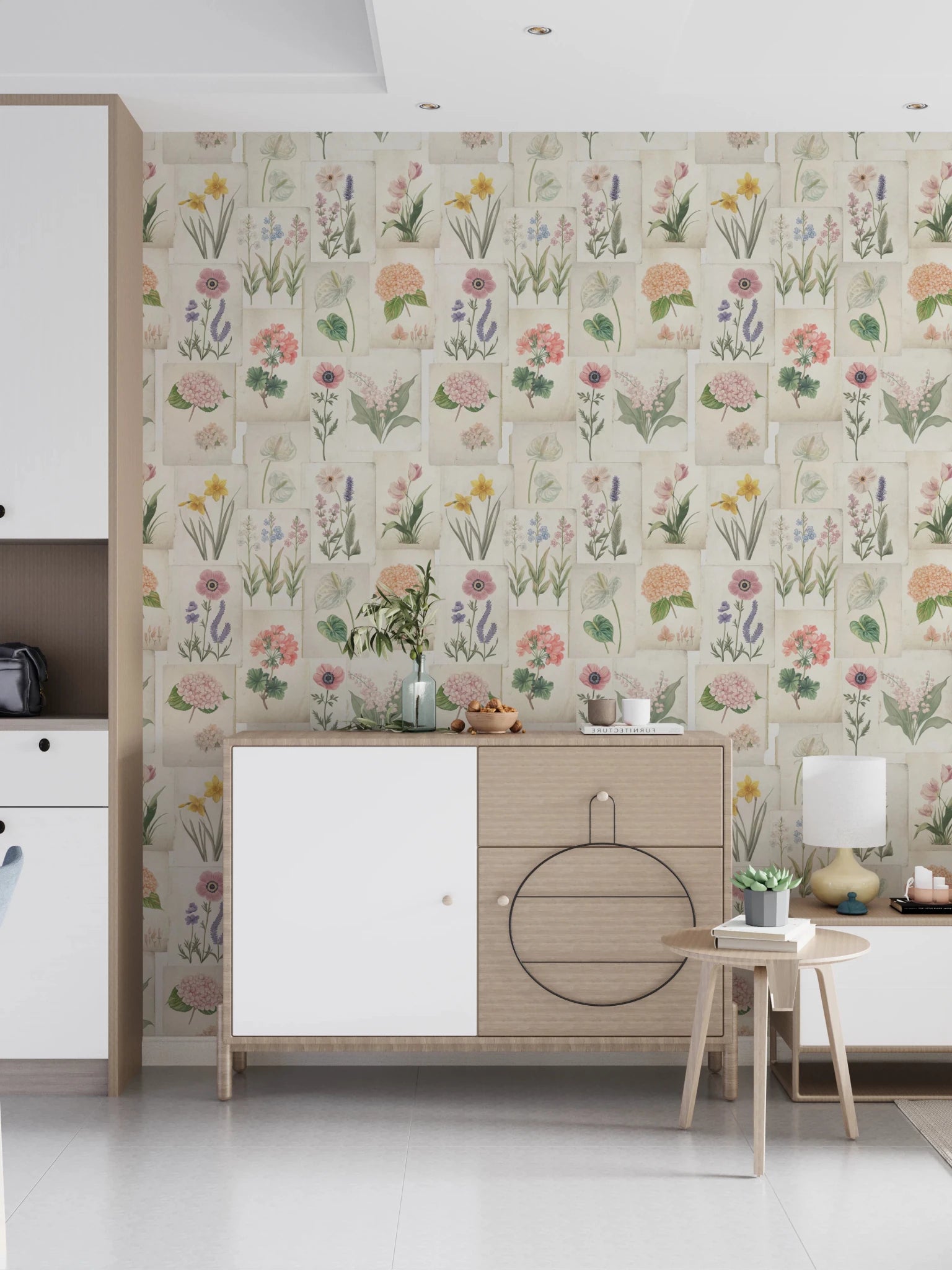 Hallway featuring Pastel Floral Wallpaper with layered botanical card details, GD8696