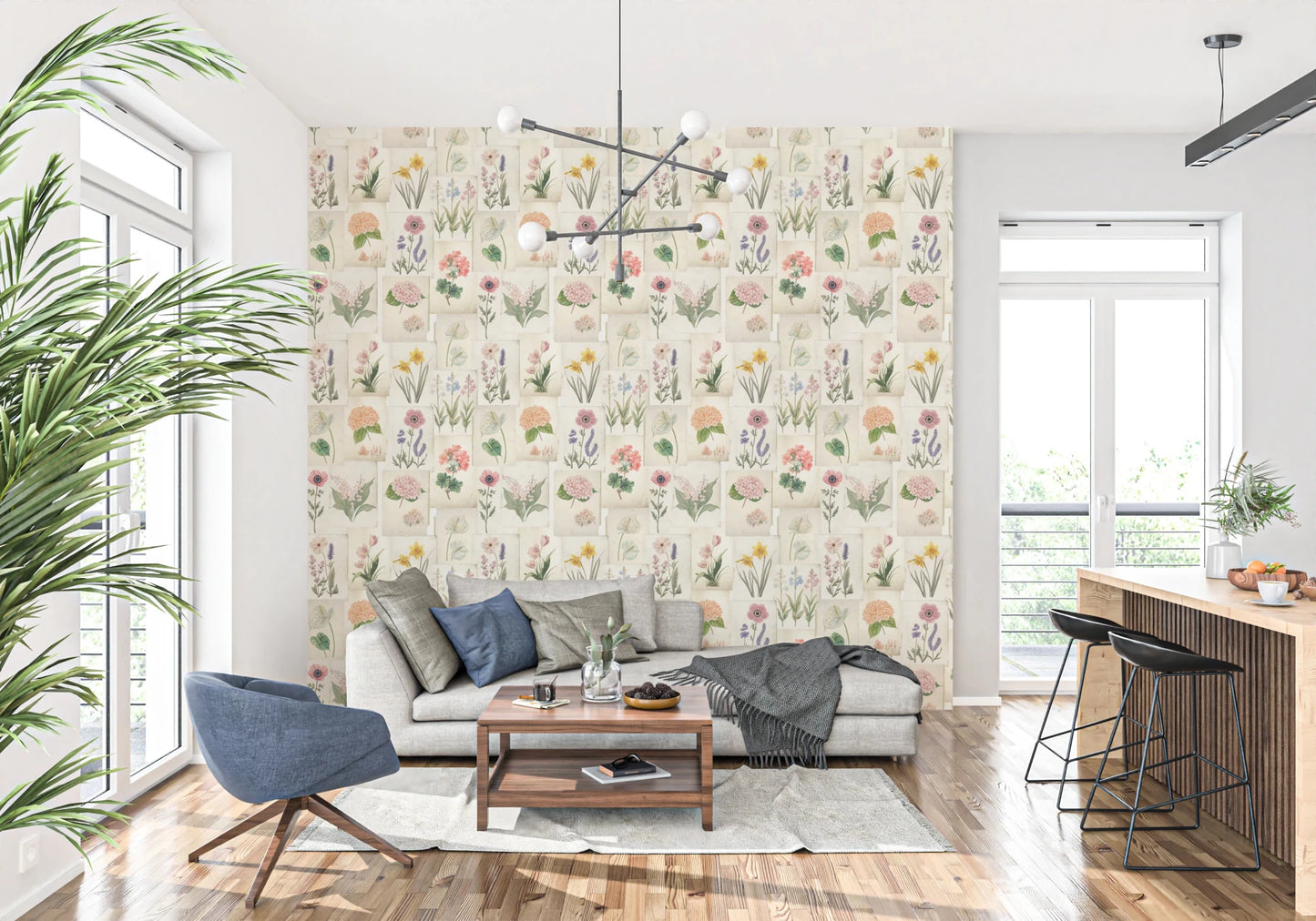 Botanical print wallpaper with pink yellow and lilac flowers in a paper layout, GD8696