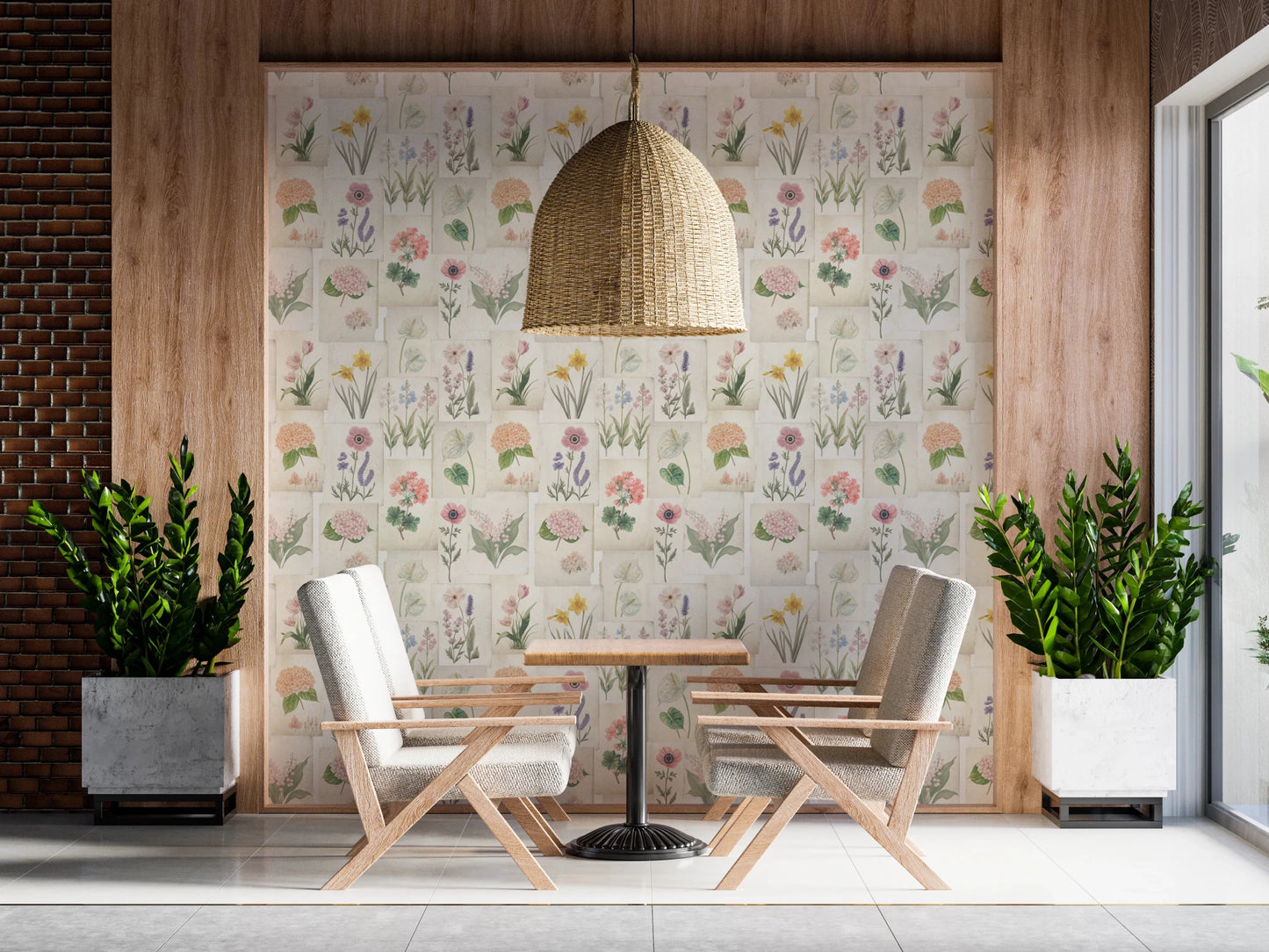 Pastel Floral collage wallpaper with delicate flower studies and muted green leaves, GD8696