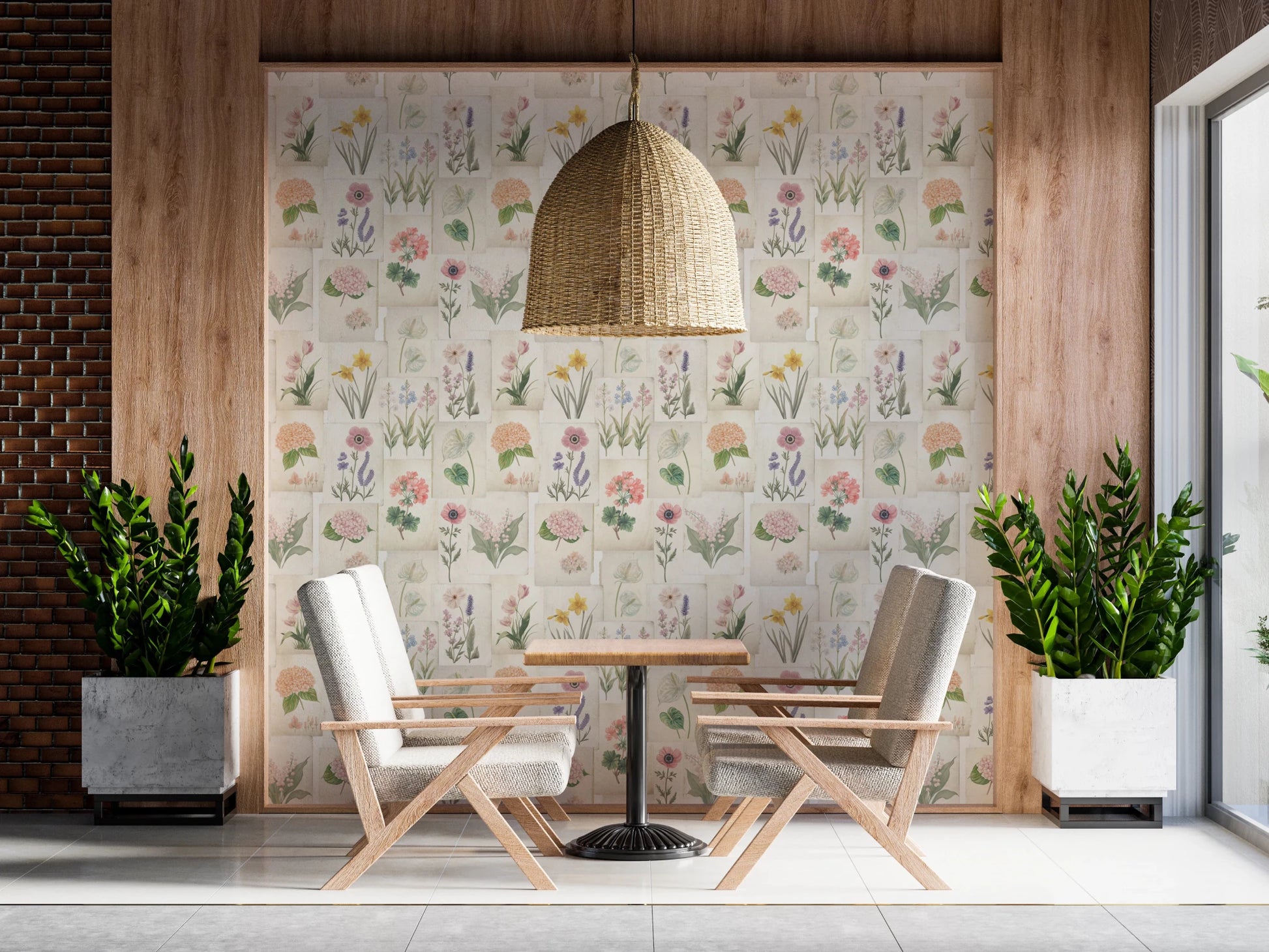 Pastel Floral collage wallpaper with delicate flower studies and muted green leaves, GD8696