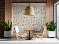 Pastel Floral collage wallpaper with delicate flower studies and muted green leaves, GD8696