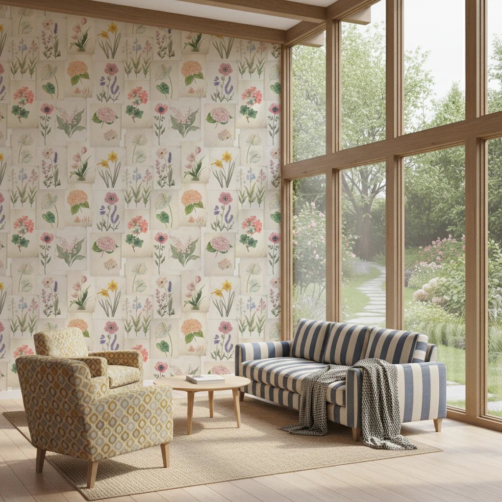 Vintage botanical wallpaper showing pastel blooms in a soft layered collage, GD8696
