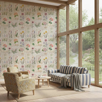 Vintage botanical wallpaper showing pastel blooms in a soft layered collage, GD8696